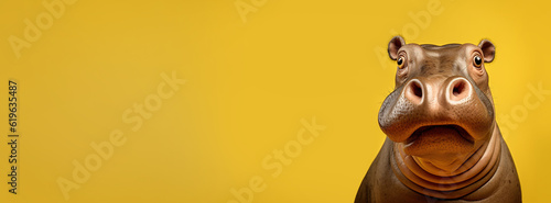 Obraz na płótnie hippopotamus looking surprised, reacting amazed, impressed, standing over yellow