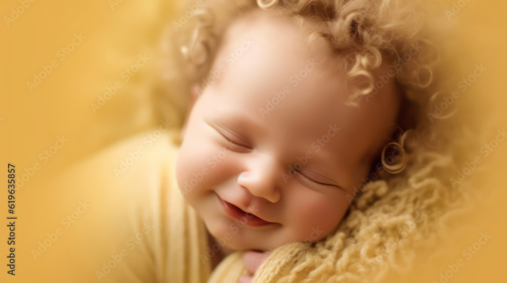 Sleeping newborn smile baby on soft yellow background Sleeping newborn smile baby on soft yellow background
