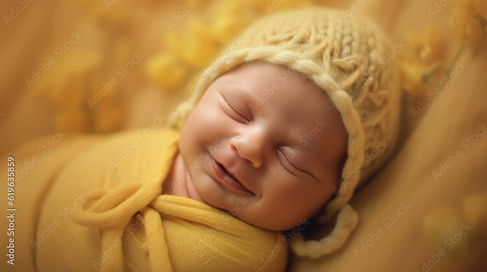Sleeping newborn smile baby on soft yellow background Sleeping newborn smile baby on soft yellow background