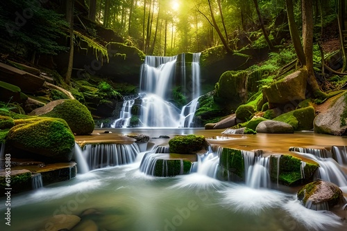 Create a breathtaking  high-definition AI-generated image showcasing the serene beauty of a secluded forest clearing  where dappled sunlight filters through the lush canopy onto a crystal-clear stream