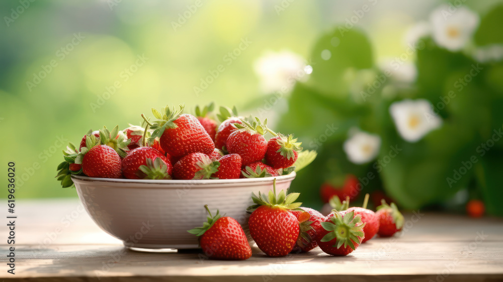 strawberries in a bowl on a small wooden table strawberries in a bowl on a small wooden table