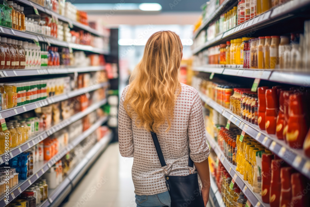 Woman comparing products in a grocery store, considering nutrition, prices, and ingredients, demonstrating informed consumer behavior, generative ai Woman comparing products in a grocery store, considering nutrition, prices, and ingredients, demonstrating informed consumer behavior, generative ai