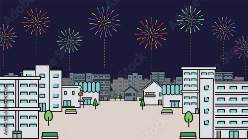 花火で飾られた夜空と家・マンション・お店・ビルが連なる街並みの背景テンプレート　Background template of the night sky and cityscape decorated with fireworks