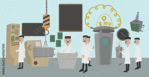Many scientists working together in science and technology workshops.