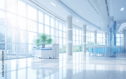 Beautiful Blurred Background of a Modern Hospital Interior © LadyAI