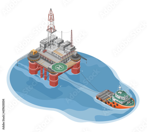 Offshore Oil and gas Rig Drilling Facility moving and tow by Platform supply vessel boat Offshore Services Cartoon Illustration Infographic of Oil Industry in ocean isolated top view vector 