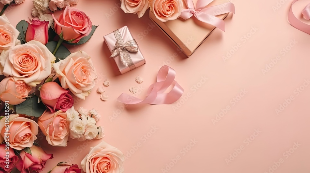 Valentine Day design of a collection of Gift box and pink flowers on pink pastel background Valentine Day design of a collection of Gift box and pink flowers on pink pastel background