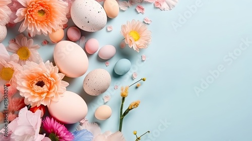 Happy Easter Day with colorful eggs and flowers on pastel background