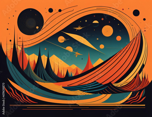 A landscape with mountains and planets abstract art