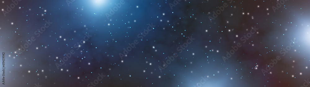 Banner dark blue particles glitter awards dust with flares gradient abstract background. Futuristic glittering in space on blue background.