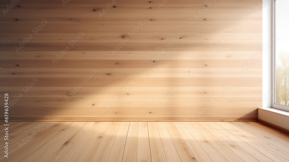 Naklejka premium Oak wood wall with vast copy space, bright natural lighting, shadows, minimalist style.