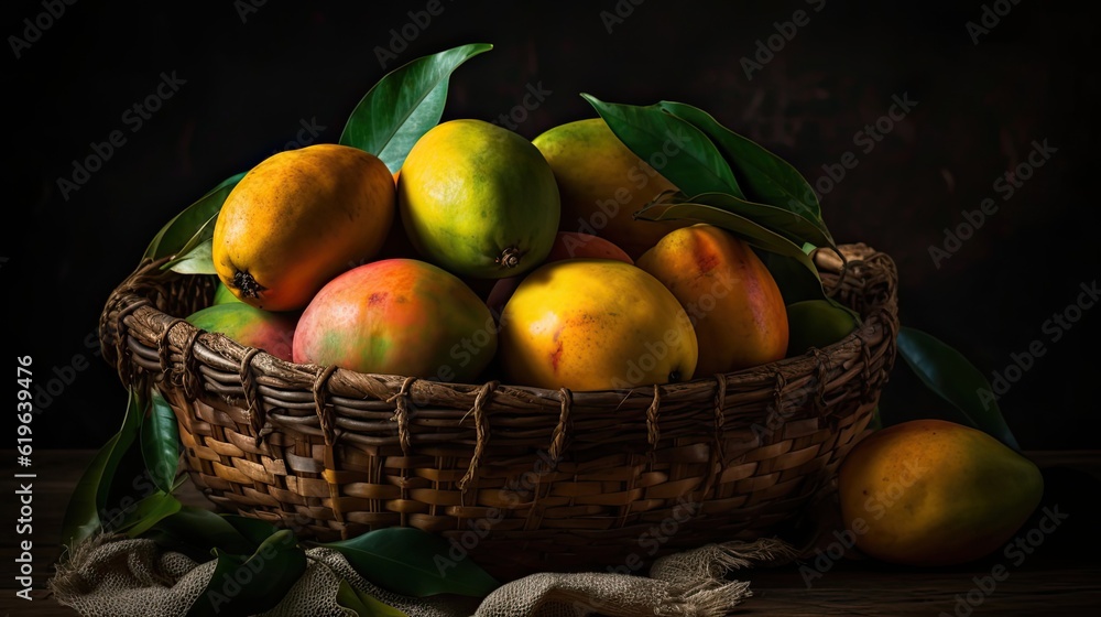 Mango fruits in a bamboo basket with blurred background Mango fruits in a bamboo basket with blurred background
