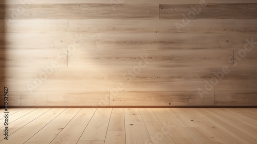 Oak wood wall with vast copy space  bright natural lighting  shadows  minimalist style.
