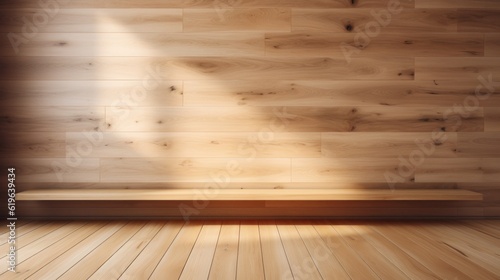Oak wood wall with shelf and copy space, bright natural lighting, shadows, minimalist style.