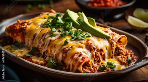 New Mexican flat enchiladas with vegetable chunks and blurred background photo