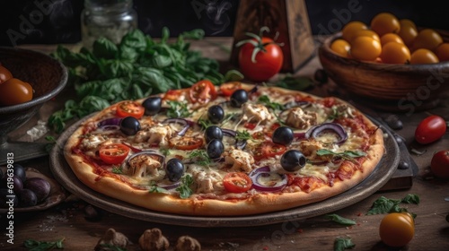 Pizza full of sliced greens on a wooden plate on a blurred background