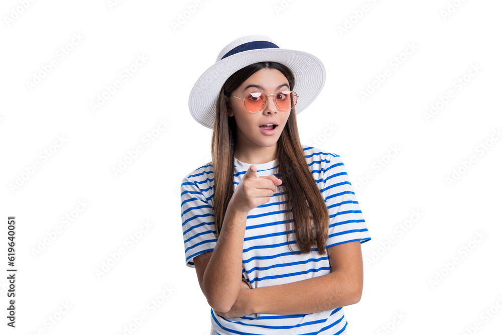 summer trendy teen girl in studio, point finger. photo of summer trendy teen girl wearing hat summer trendy teen girl in studio, point finger. photo of summer trendy teen girl wearing hat