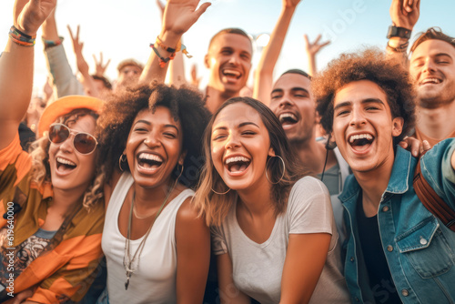 Diverse group of friends enjoying a music festival, embodying the energy and vitality of live concert fun, generative ai