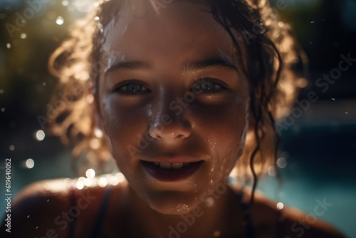 a girl smiling at the sun while in the pool, style of laowa 100mm f/2.8 2x ultra macro apo, splattered/dripped, 4k, lit kid, close-up --ar 3:2