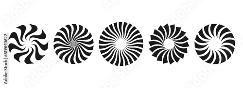 Curled sunburst circles collection. Stylized radial spinning elements. Black and white geometric round twisted rays, beams or stars pack. Vector illustration concept for banner, badge, sticker, poster
