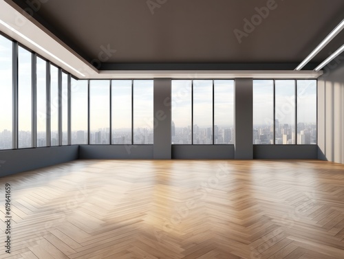 Contemporary gallery interior with wooden flooring  mock up place  window and panoramic city view. 3D illustration.