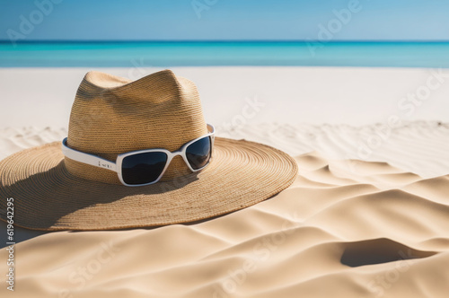 blank Empty Travel hat and sunglasses mockup in sand beach for product presentation and beach background.generative AI
