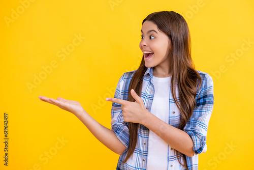 amazed teen girl presenting product to the camera. teen girl presenting product to customers. teen girl presenting product to audience. teen girl presenting her new product on studio background