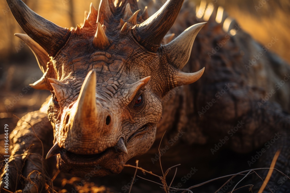 Close-Up of Triceratops, Natural light, Generative AI Close-Up of Triceratops, Natural light, Generative AI