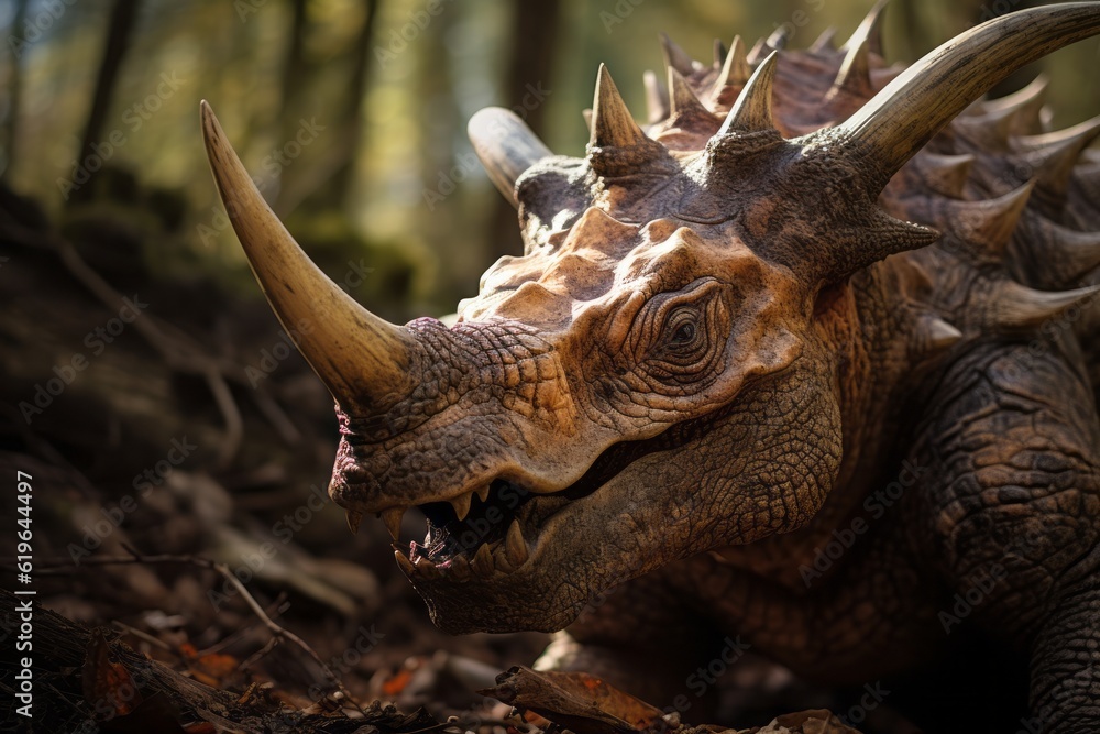 Close-Up of Triceratops, Natural light, Generative AI Close-Up of Triceratops, Natural light, Generative AI