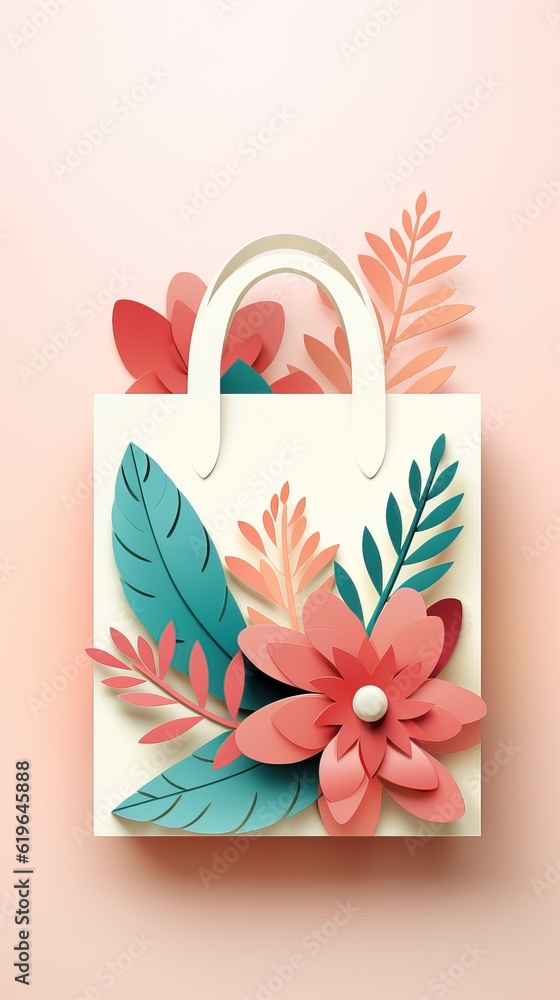 reusable shopping bag leaf background, paper illustration copy space generative ai