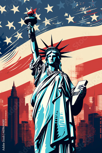 Lady Liberty NYC USA New York City Skyline und Stars and Stripes US Fahne Illustration digital Art. Generative Ai.