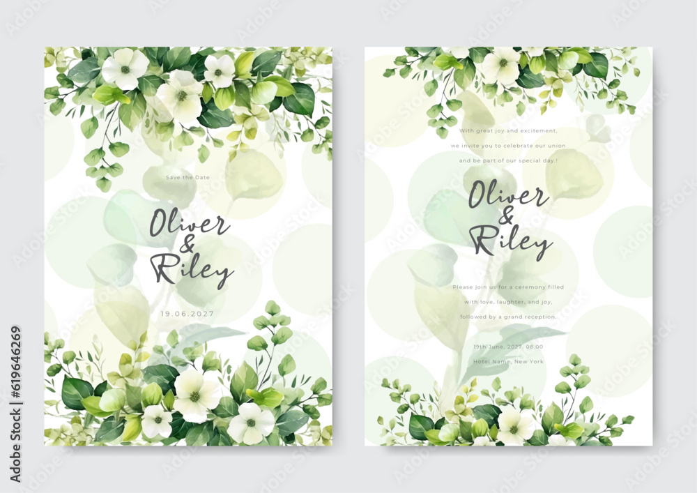 Wedding card template with floral feather green white concept watercolor style
