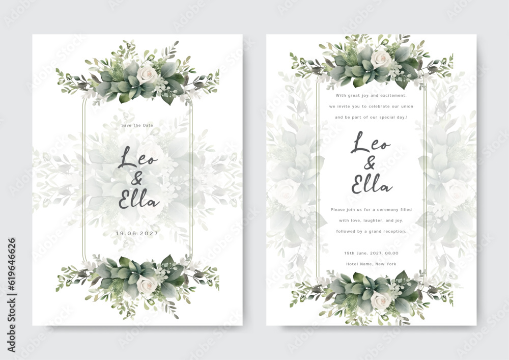 Beautiful green wedding invitation card template with spring leaves and flower