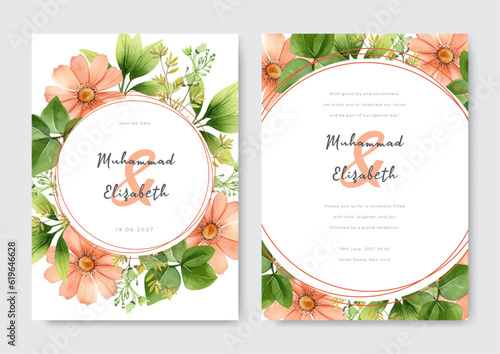 Corner of green and nude flower arrangement on wedding invitation background. Rustic wedding card.