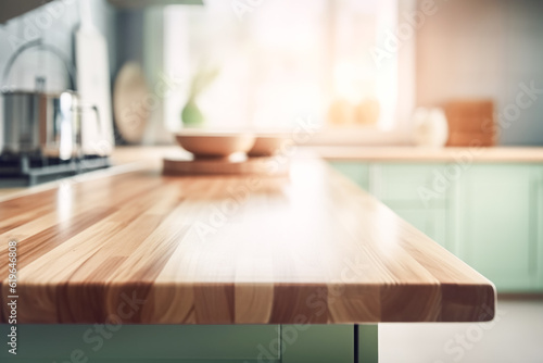 Wooden empty countertop in modern light green kitchen, kitchen panel in interior. Template showcase scene for advertising products