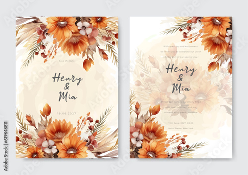 Corner of nude flower arrangement on wedding invitation background. Beautiful wedding card invitation.