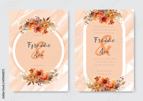 Arrangement of nude orange flowers and leaves at corner frame hand painting on wedding invitation card