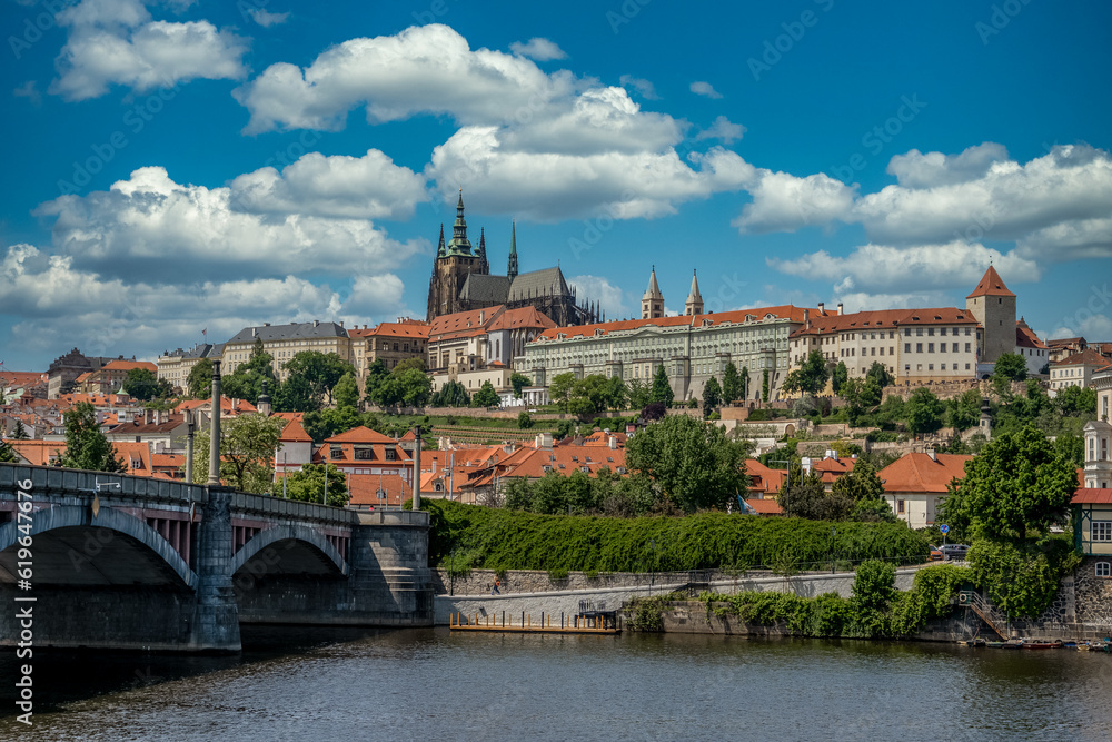 Panoramic view of Prague castle and Manes bridge