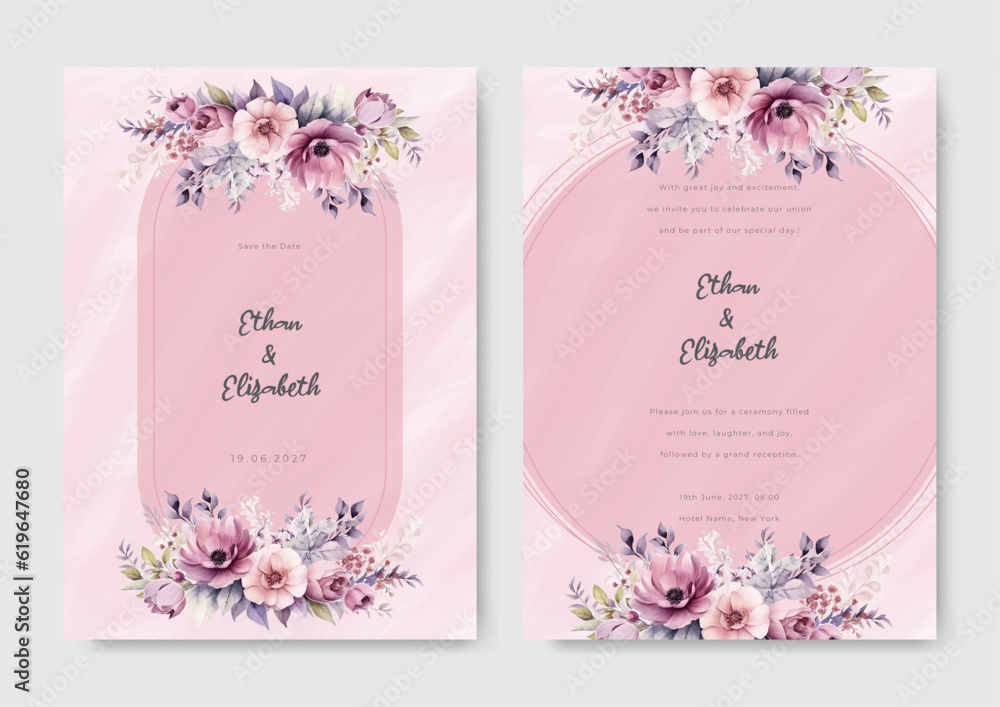 Arrangement of soft pink flowers and leaves at corner frame hand painting on wedding invitation card