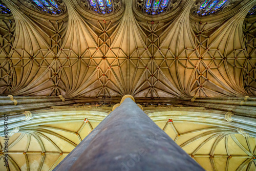 Intricate detail of a ceiling in a grand English cathedral