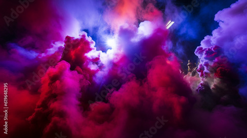 A detailed image of blue and red smoke billowing from a stage performance, Generative AI