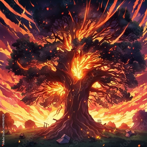 Anime-style tree on fire in the whole frame