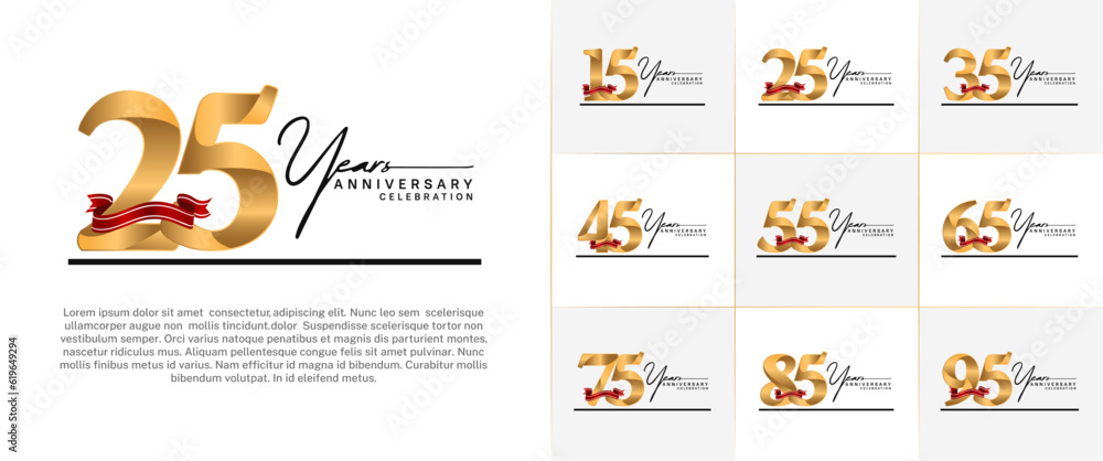 Fototapeta premium set of anniversary logo with gold number and red ribbon, handwriting text can be use for celebration