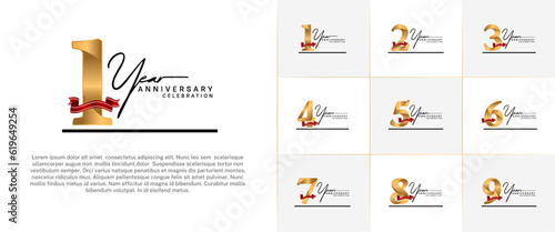 set of anniversary logo with gold number and red ribbon, handwriting text can be use for celebration