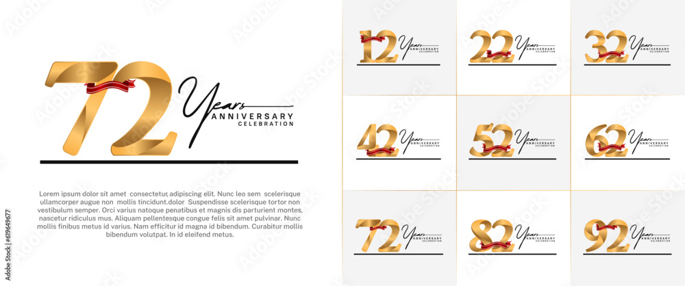 Fototapeta premium set of anniversary logo with gold number and red ribbon, handwriting text can be use for celebration