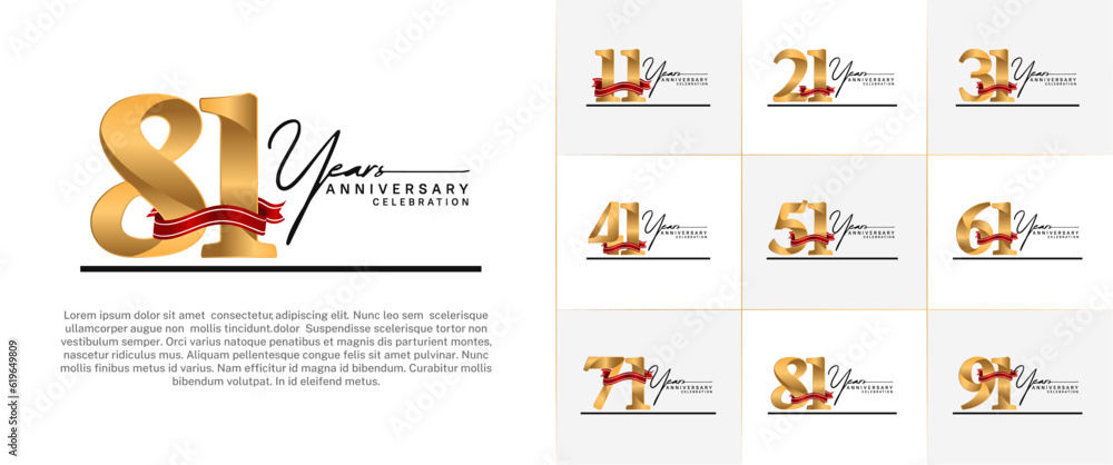 set of anniversary logo with gold number and red ribbon, handwriting text can be use for celebration