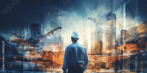 Future building construction engineering project devotion with double exposure graphic design. Building engineer, architect people or construction worker working with modern civil equipment technology