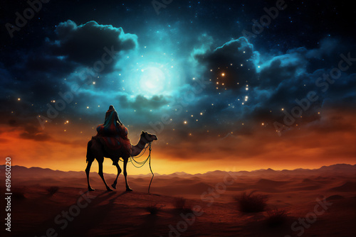 camels in the arabian desert in sunset  create using generative AI tools