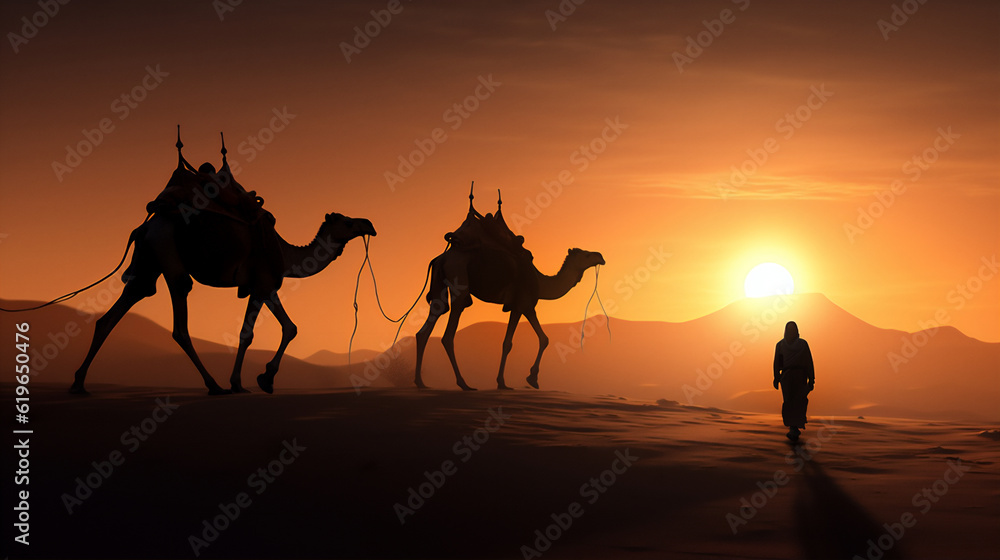 camels in the arabian desert in sunset, create using generative AI tools
