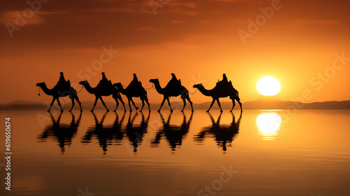 camels in the arabian desert in sunset, create using generative AI tools